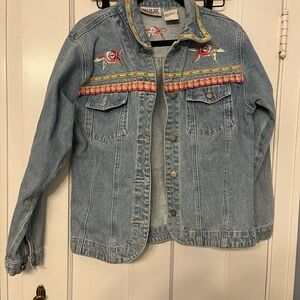 Vintage Bill Blass Western CottageCore Grandma Embroidered Denim Jacket Small
